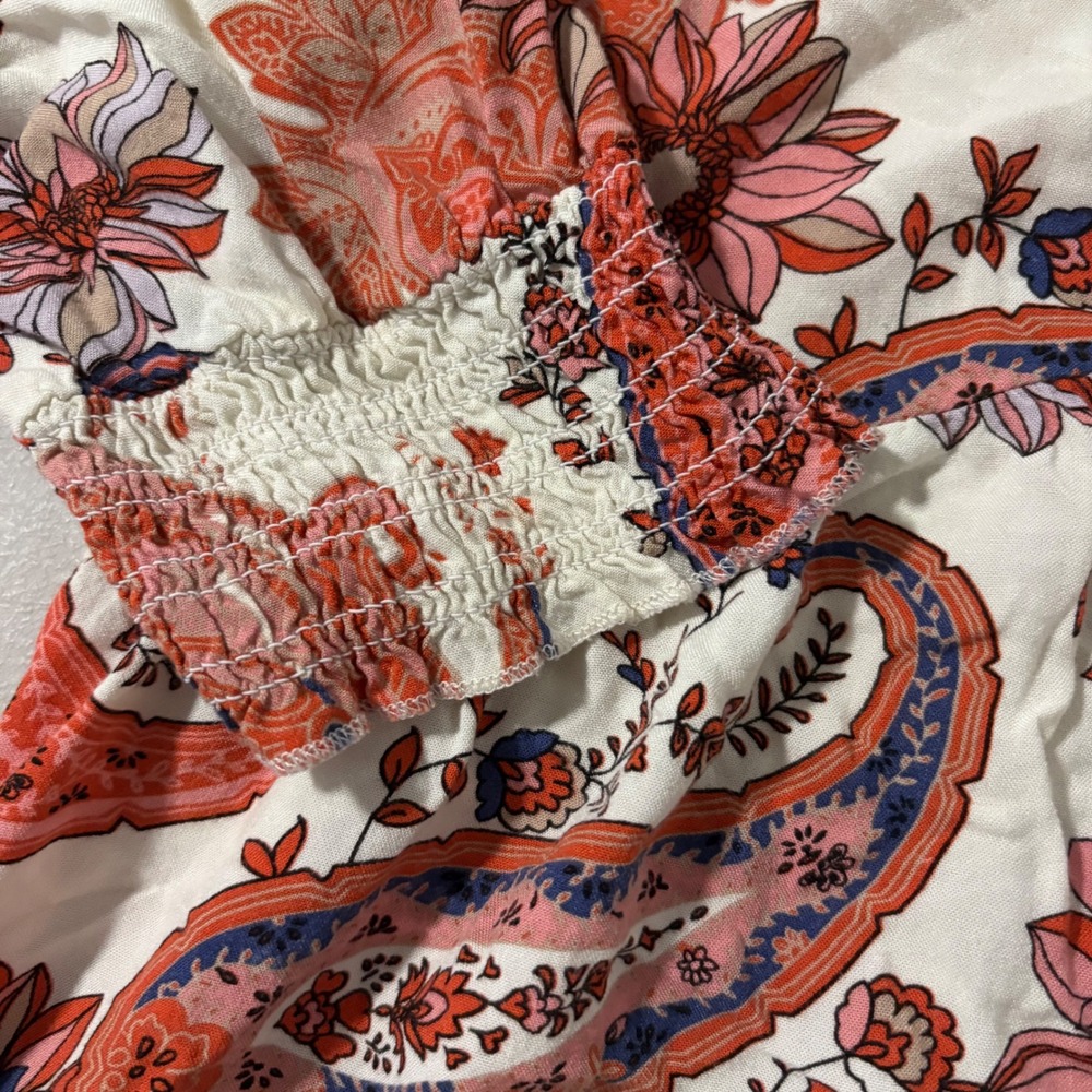 Unique Spectrum Paisley Floral Peplum Blouse 1X Ivory‎ Coral Rayon Button Front - Picture 7 of 10